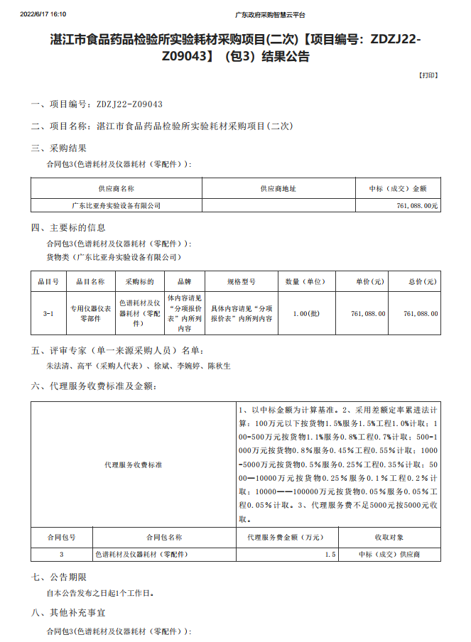 湛江市食品藥品檢驗(yàn)所實(shí)驗(yàn)耗材采購項目(二次)【項目編號：ZDZJ22-Z09043】（包3）結(jié)果公告(圖1)