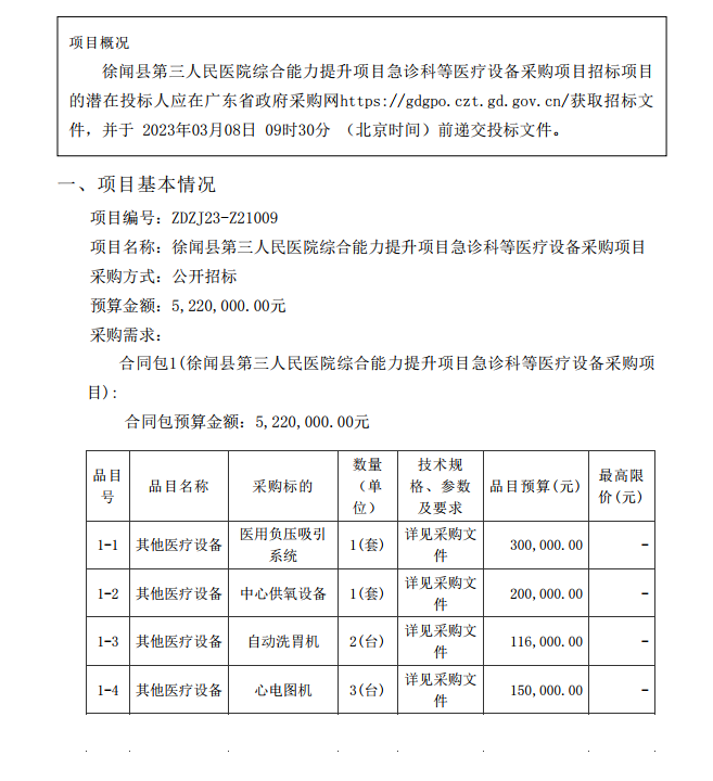 徐聞縣第三人民醫院綜合能力提升項目急診科等醫療設備采購項目 [ZDZJ23-Z21009]招標公告(圖1)